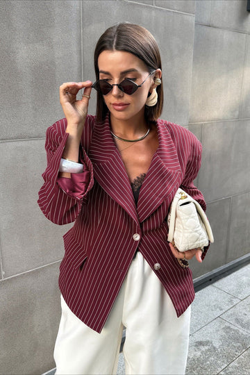 Striped Fitted Waist Designer Blazer Coat