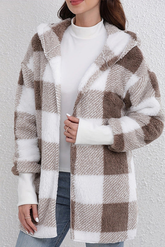Plaid Fuzzy Hooded Mid-Length Coat