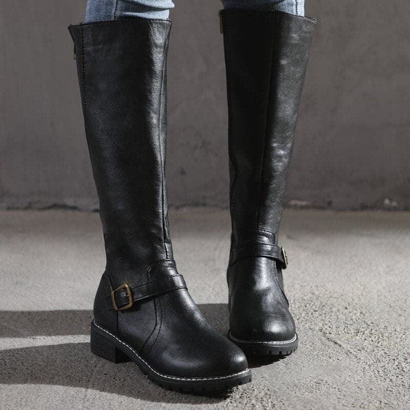 Women's Classic Buckle Knee-High Boots – Leather, Casual for Everyday Wear
