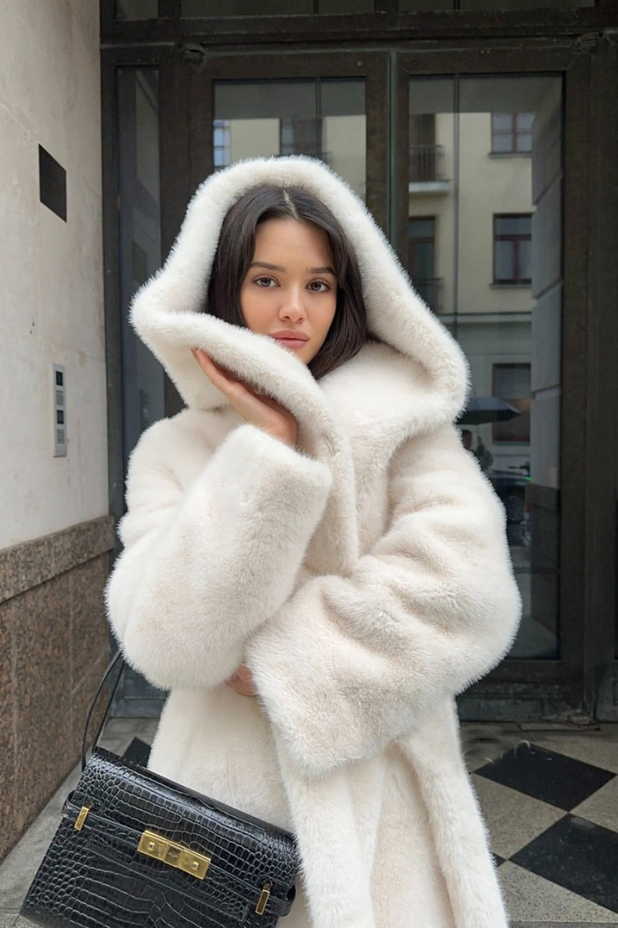 Long Hooded Belted Mink Faux Fur Overcoat