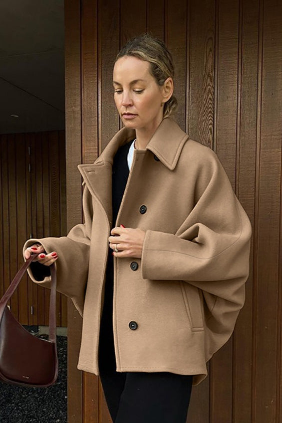 Batwing Sleeve Wool Blend Coat