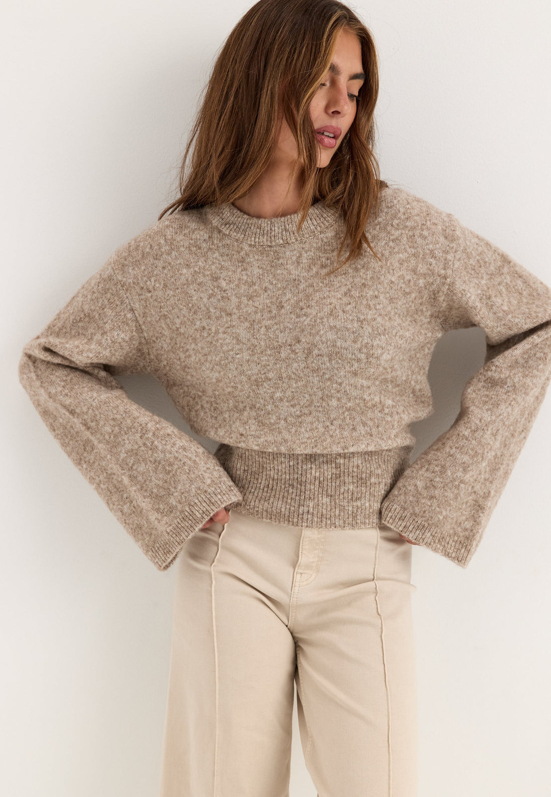 Knitted Wool Blend Wide Sleeve Sweater
