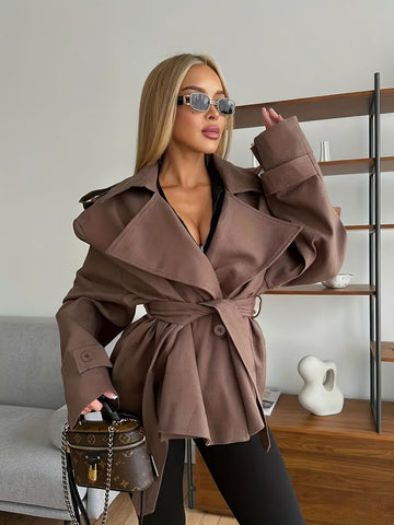 Brown Double-Breasted Belted Coat