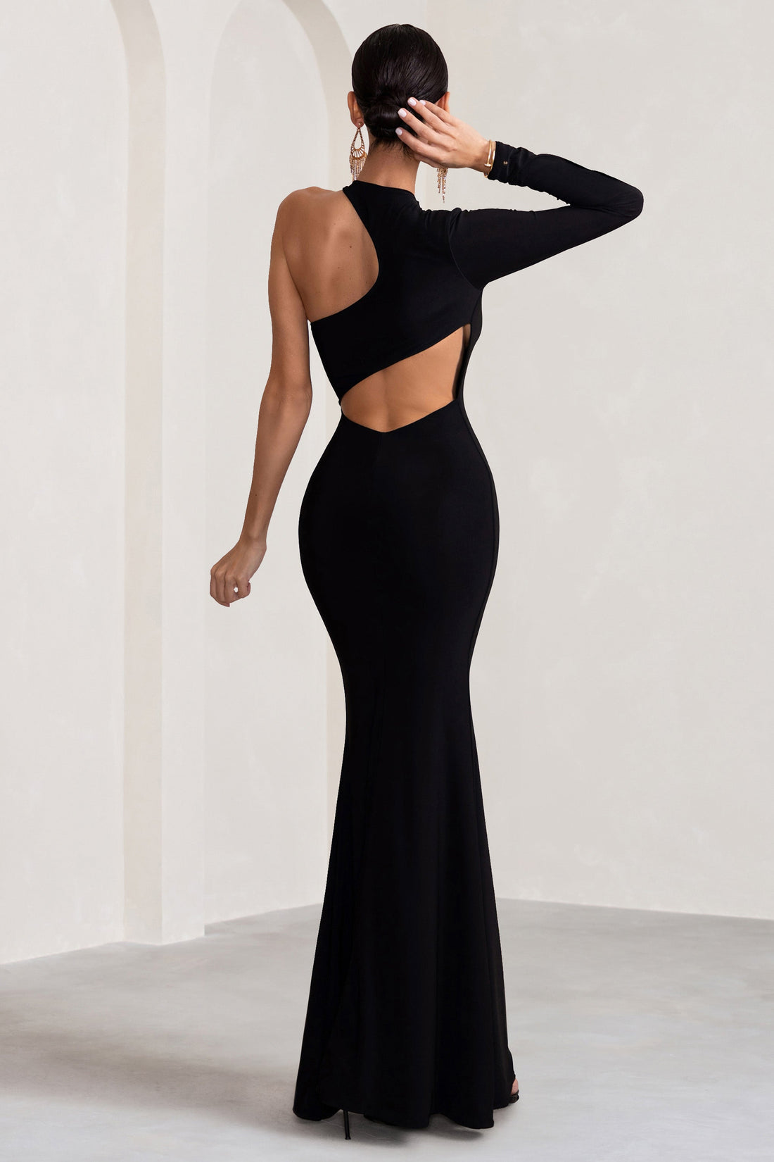 Tyra | Black Asymmetric Neck Cut Out Maxi Dress With Open Back Detail