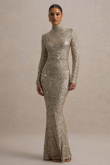 Galaxy | Champagne Sequin Turtle-Neck Long-Sleeve Maxi Dress