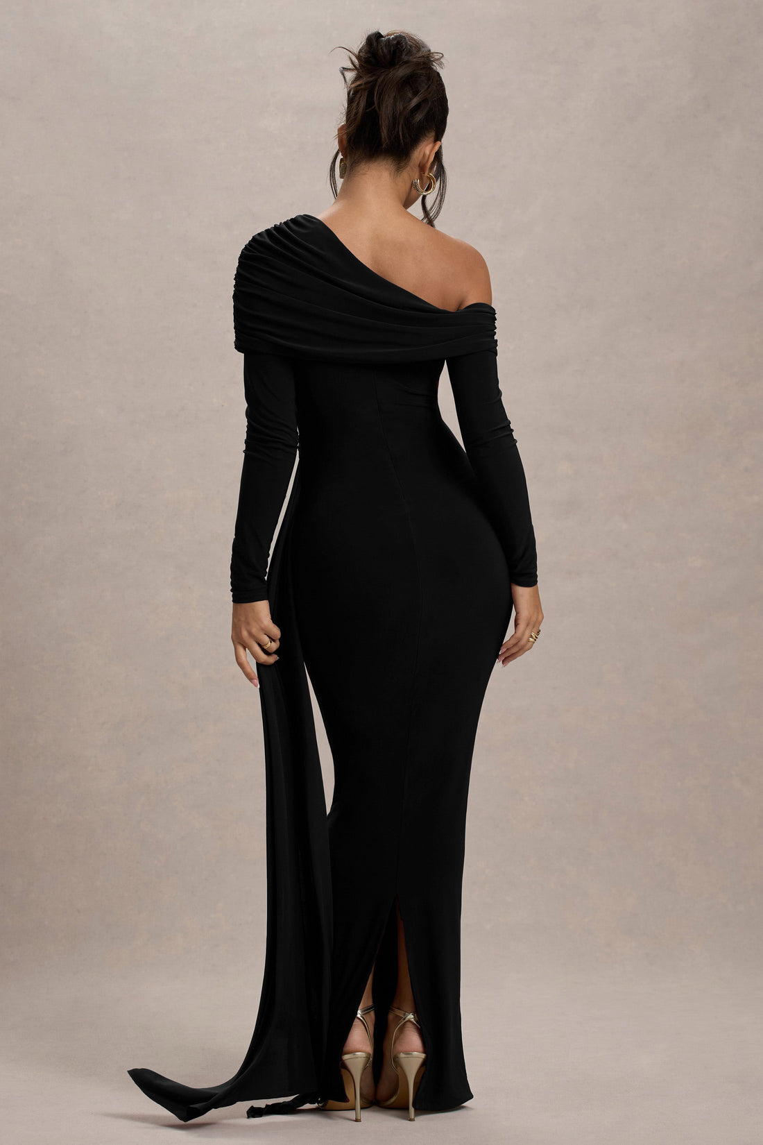 Valina | Black Ruched Asymmetric Maxi Dress With Drape