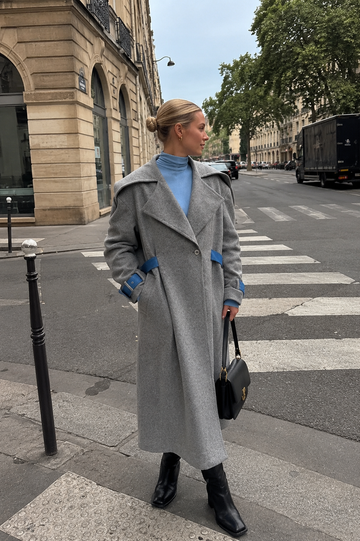 Long Coat with Detachable Contrast Panel and Turn-Down Collar
