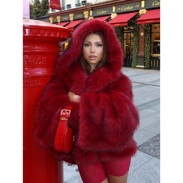 Luxe Faux Fur Hoodie Coat – Deep Red