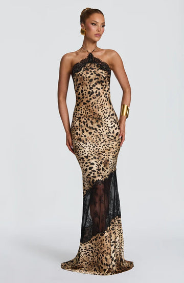 Leopard Print Lace Halter Maxi Dress