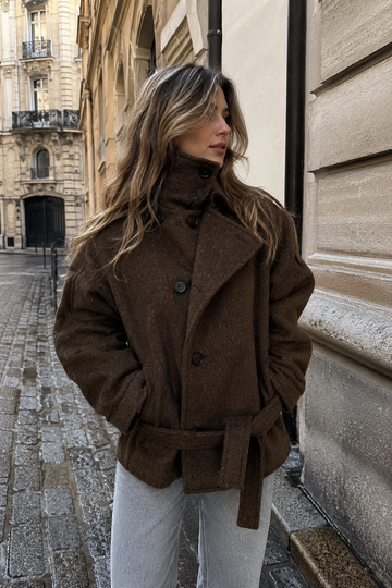 Coat with High Collar, Dropped Shoulders and Double-Breasted Front