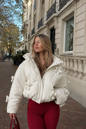 Quilted Coat with Embossed Floral Pattern and High Stand Collar