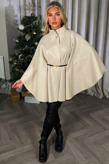 High Neck Belted Cape Poncho with Gold Button Detail