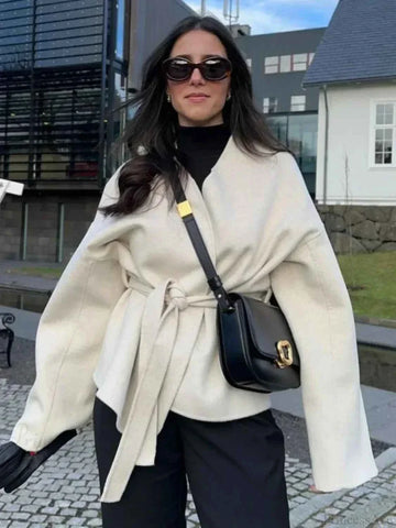 Open Coat with V-Neck, Tie Waist Cord and Lapel