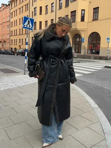Short Faux Leather Coat with Turn-Down Lapel and Button Closure