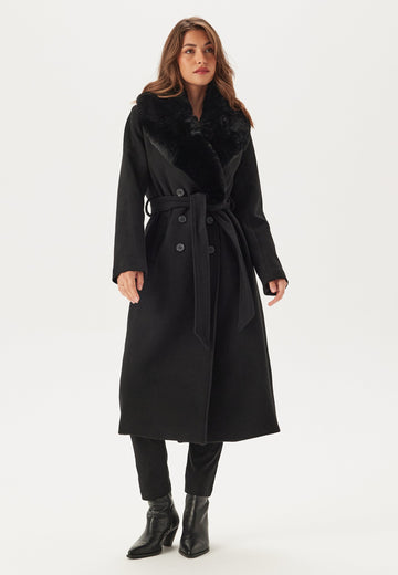Fur Collar Belted Wool Blend Coat