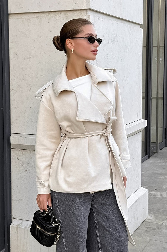 Suede Solid Tie Waist Thickened Warm Coat