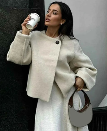 Brushed Coat with Single Button, Round Neck and Loose Fit