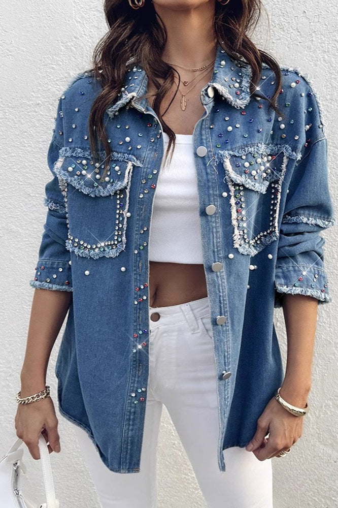 Beaded Contrast Denim Long Sleeve Coat