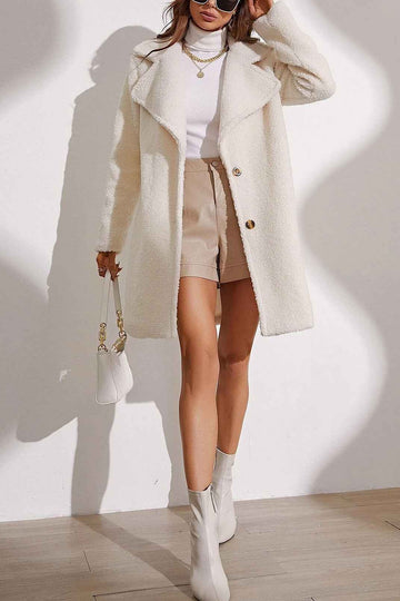 Long Plush Parka with Lapel Collar and Two-Button Closure