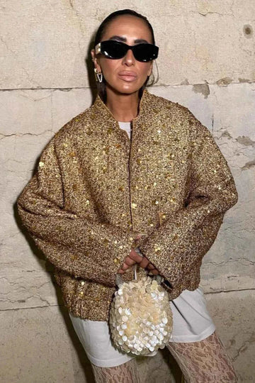 Sequin Coat with Stand Collar and Flap Pockets