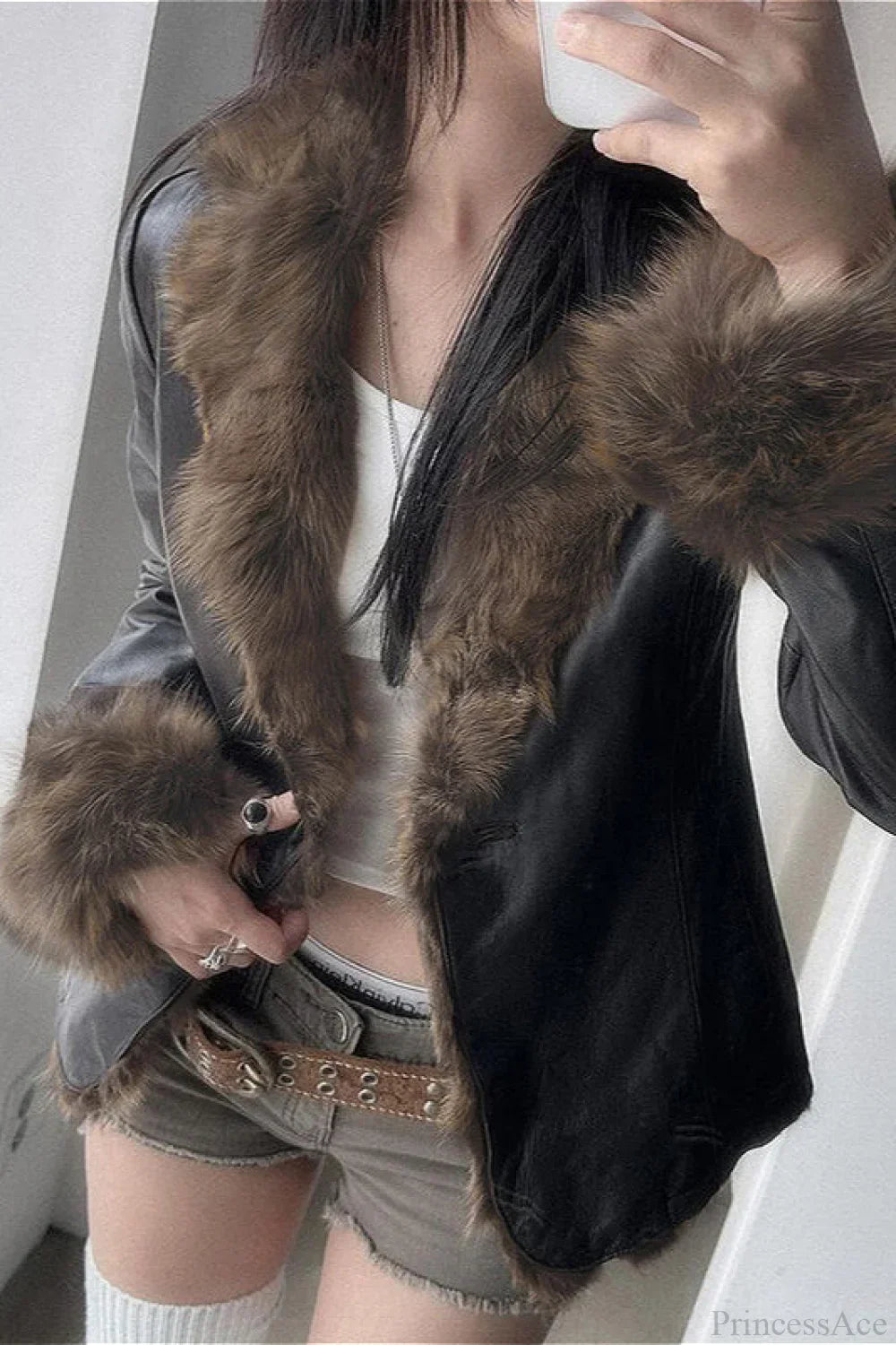 Leather Faux Fur Panel Collared Fitted Warm Coat