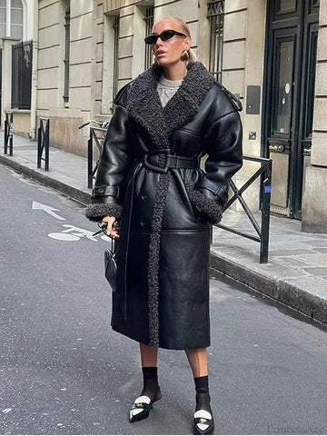 Long Faux Fur Coat with Leopard Print and Lapel Collar
