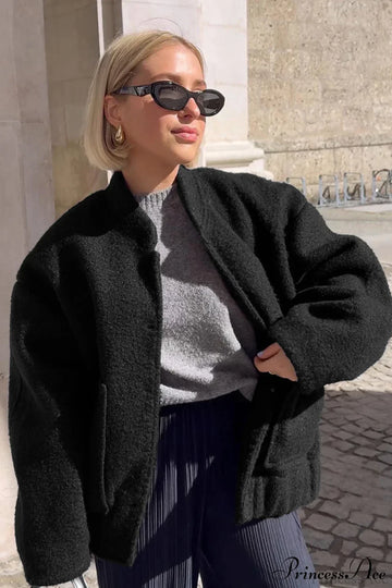 Loose Stand Collar Textured Wool Casual Coat