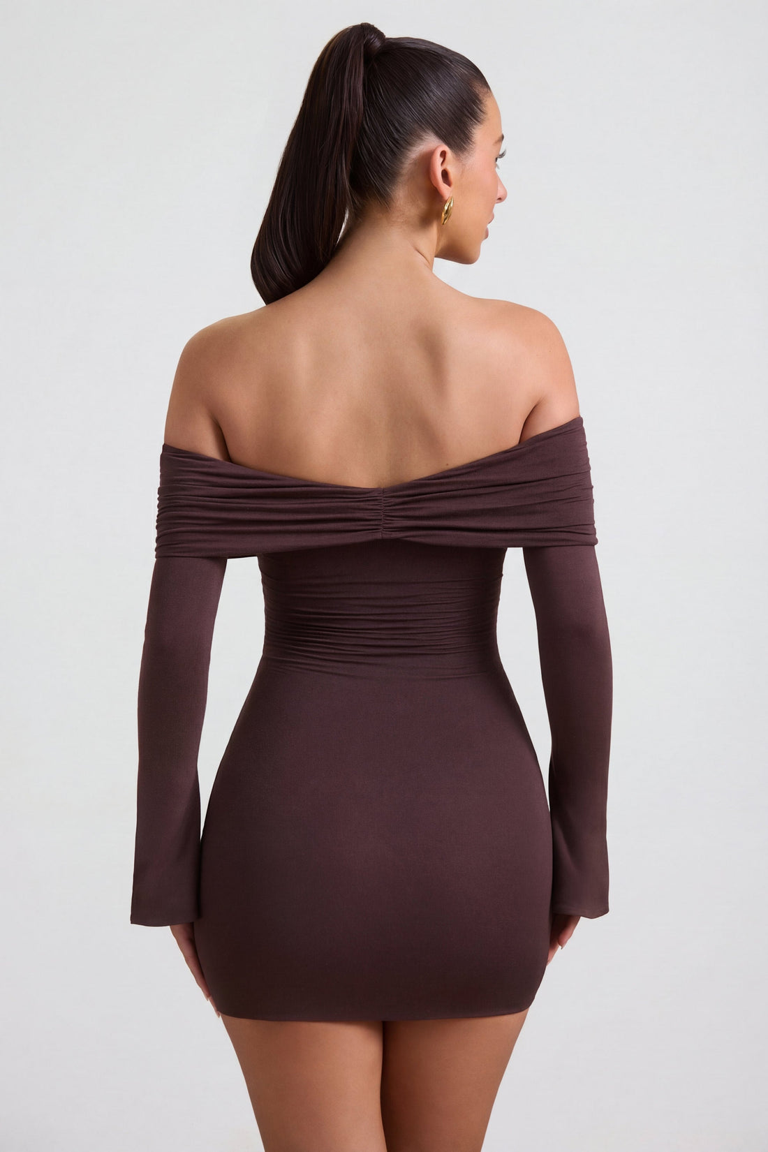 Modal-Cashmere Blend Off-Shoulder Ruched Mini Dress in Espresso