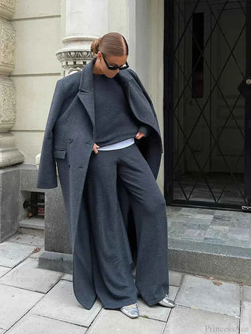 Ribbed Double-Breasted Brushed Coat with Turn-Down Collar