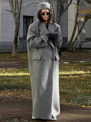 Double-Breasted Brushed Coat with Deep V-Neck