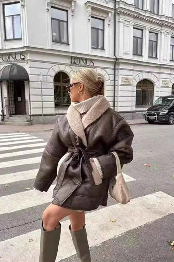 Faux Leather Jacket with Square Neckline and Waist Drawstring