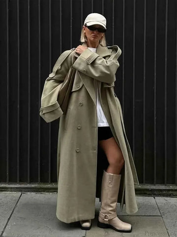 Long Double-Breasted Coat with Ribbed Collar Detail