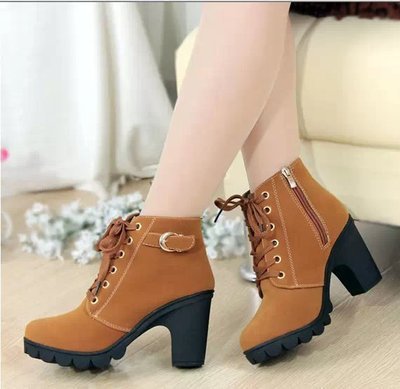 Women's Ankle Boots with Laces, Block Heel and Gold Buckle